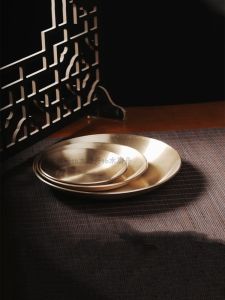 Korean Style Thickened Pure Copper Plate Flat Bottom Brass round Dish Copperware Dining Plate Steamed Chicken Fish Tray
