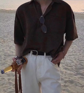 Advanced Waffle Polo Shirt Mens American Cityboy Loose Collar Design Workwear Trendy Short Sleeve Pure Color T-shirt