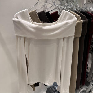 เสื้อตัวในผ้ายืดเซ็กซี่สำหรับผู้หญิงเสื้อยืดแขนยาวเข้ารูปออกแบบพิเศษใส่ด้านในสำหรับฤดูใบไม้ผลิและฤดูใบไม้ร่วงเสื้อปาดไหล่แฟชั่น