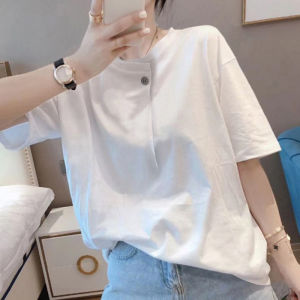 Button Single White Cotton Short Sleeve Womens T-Shirt Loose Casual Round Neck Top