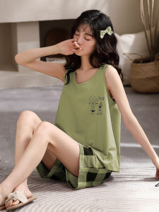 ชุดนอนผู้หญิงแขนกุดคอวีลายดอกไม้พิมพ์ลายน่ารัก Pure Cotton ชุดนอนฤดูร้อนสำหรับใส่อยู่บ้านและกลางแจ้ง