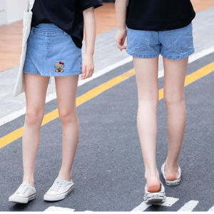 Fashionable Thin Denim Shorts for Girls Cartoon Print Summer Outerwear Mid-Term Childrens Clothing Korean Style Cotton Blend