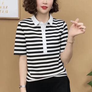 QIAOXIZI | Áo Thun Sọc Mới Phong Cách Áo Polo Nữ Size Lớn Thời Trang
