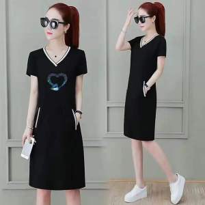 Pure Cotton Maternity Midi Dress V-Neck Short Sleeve Summer New Style Printed Loose Womens Clothing Korean Style Commute