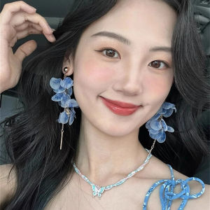 Elegant Long Blue Flower Tassel Earrings Face Slimming Unique Design Atmosphere Beautiful Ear Jewelry Fashion Accessories