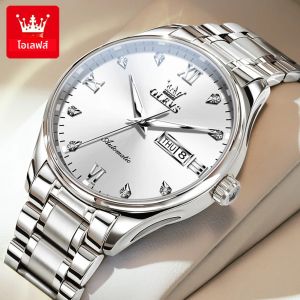 OLEVS นาฬิกา9955ผู้ชาย นาฬิกาข้อมือกลไกอัตโนมัติแบบเรียบง่ายกันน้ำสแตนเลสนาฬิกาเรืองแสงสำหรับผู้ชายวันที่สัปดาห์