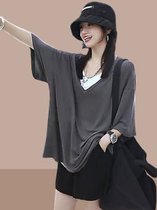 Ice Silk V-Neck Short Sleeve T-Shirt Womens Loose Fit Summer Slimming Top Versatile Cover Belly Fake Two-Piece Style Korean Style