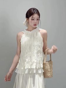 YIKEXIAOYEMEI | Áo Blouse Mùa Hè Elegent Không Tay Phong Cách Pháp
