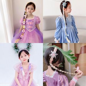 Princess Style Long Hair Headwear Childrens Birthday Crown Hairband Girls Fake Braid Hair Accessories Frozen Theme Headband