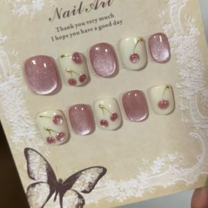 Handmade Childrens Cats Eye Nail Art Stickers Crystal Stones Hand-Painted Sweet Heart Cherry Nail Tips Finished Product