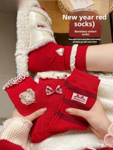 Red Mid-Calf Socks for Women Sweet Lace Trimmed Butterfly Knot Pattern Cotton Polyester Blend Moisture Wicking All Season Wear