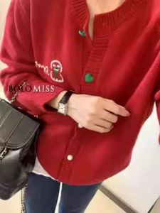 Soft Plush Bear Knitted Cardigan Womens Autumn Winter New Style High Sensation Christmas Red Sweater Atmosphere Top