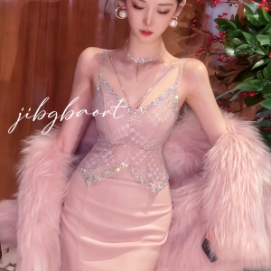 Jingbaoer Exclusive [Pull Yarn] Slim Looking Rhinestone Beauty Back Heavy Embroidery Hot Drilling Shiny Lace Sling Fashion Female