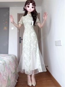 New Chinese Style Tea Ceremony Floral Fish Tail Long Dress Womens Summer Elegant Simple Tea Art Short Sleeve High Waist Gown