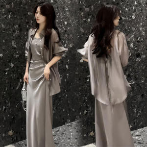 Summer Outfit Womens Strap Dress Outerwear Set Complete Ensemble Cardigan Shirt Polyester Fiber Long Sleeve Button Closure