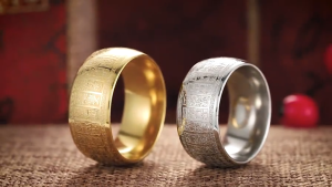 已开光戒指 道家篆体金光咒戒指八大神咒心经护身转运钛钢民族风宽面霸气指环 Fashion Stainless Steel Retro Taoism Seal Character Personality Golden Charm Ring for Men Jewelry Gifts