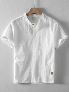 Áo Thun Nam Mùa Hè Tay Ngắn Vải Lanh Cotton Cổ Đứng Mỏng Cổ Điển Rộng Rãi Tay Lửng Cổ Tròn Cổ Điển Thoáng Khí