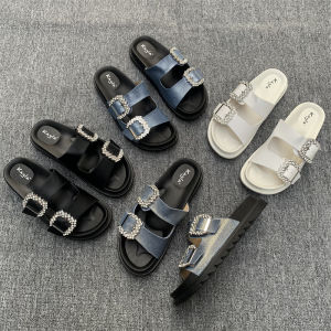 Best Selling Summer Fashion All-Matching Rhinestone Square Buckle Female Slippers Double Strap Flat Non Slip Casual Daily Outdoor Slippers