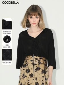 COCOBELLA Womens Loose Casual Knitted Short Sleeve V-neck T-shirt Black Lacework Fashion Soft Polyester Fiber Top