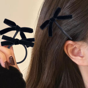 5 PC กิ๊ฟติดผม โบว์กำมะหยี่สีดำสไตล์เกาหลีย้อนยุค กิ๊บติดผม ม้าข้างเชือ รัดผมยาง ผู้หญิงหญิงสาว