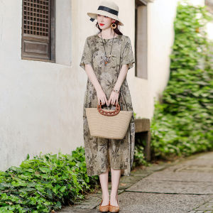 Summer New plus Size Loose Cotton Lin Dress Floral Print Long Thin Style Retro Slimming Maxi Dress Chinese Style Loose Waist