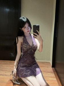 GUZILIAN | Đầm Ngắn Dây Đeo Phía Sau Có Đính Hạt Kim Cương Thiết Kế Gợi Cảm Ôm Eo