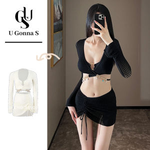 ชุดว่ายน้ำบิกินี่ชุดสวมใส่ชายหาดเซ็กซี่สำหรับผู้หญิง4ชิ้น2024สไตล์ใหม่คลุมคอวีแขนยาวเอวสูงน่ารักยืดได้