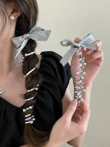 ริบบิ้นรูปผีเสื้อสีเงินพร้อมมุกสำหรับรัดผม เครื่องประดับผมสไตล์เกาหลี สายโทรศัพท์บล็อกสีฟ้าน้ำตาล ริบบิ้นรัดผมสำหรับเล็บสั้น