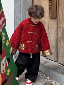 Boys Traditional Chinese Style Jacket Spring Autumn Fashionable Embroidered Red New Years Outfit Cotton Filled Coat for Kids