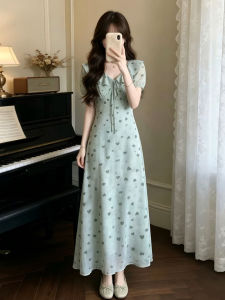 NIUVIES | French Green Polka Dot Puff Sleeve Dress