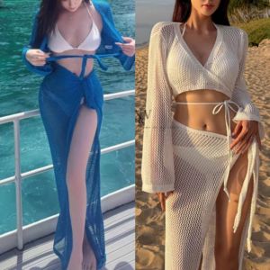 Lingrui Er Four-Piece Set Long Sleeve Knitted Net Shirt Cover-Up Bikini Beach Swimming Costume High-End Sensation Long Dress