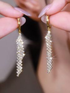 Exaggerated Shiny Full Diamond Geometric Rhombus Tassel Earrings Design Sensation Elegant Versatile Ear Cuff Slimming Face Drop Earrings