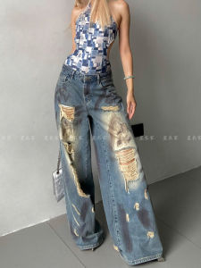 Quần Jeans Denim Ống Rộng Cạp Cao Cho Nữ Mùa Hè 2024 Quần Dài Dài Đến Sàn Có Lỗ Xẻ Quần Jeans Nữ Phong Cách Búp Bê Dáng Rộng