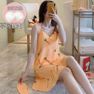 Summer Suspenders Nightdress Womens Thin Imitation Modal Cartoon Cute Student One-Piece Pajamas with Chest Pad Home Wear