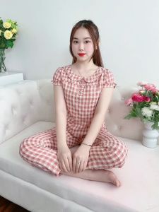 QUẦN ÁO NỮ MẶC NHÀ [BUNNYSKY] CHẤT LIỆU THÔ KẺ LÔNG VÀ LỤA MỀM MẪU TAY CỘC QUẦN DÀI HỌA TIẾT KẺ CARO FOM DÁNG ĐẸP