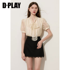 D-PLAY | French V-Neck Puff Sleeves Shirt with Single Row of Buttons and Pearl Decorations