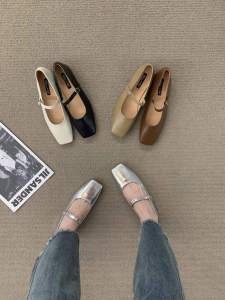 Silver Low Heel Square Head Korean Style Small Leather Shoes Womens Shoes 2025 New Summer Mary Jane Niche Single Shoes Evening Shoes