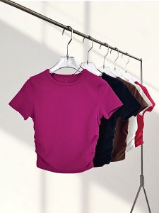 Womens Yoga Sportswear Short Sleeve Fitness Running Pilates Tight Waist Slimming Breathable Moisture Wicking Elastic T-Shirt