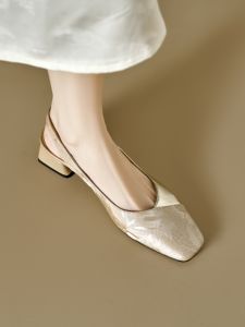 French Vintage Floral Print Chinese National Style Color Block Square Head Sandals Women Summer Genuine Leather Medium Heel Back Empty Shoes