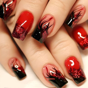 Short Medium fake nails for women gilrs gradient pink red yellow purple flame Square nail tips full cover press on false nail
