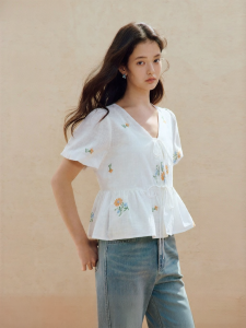 INMAN | French Style Ribbon V-Neck Embroidery Shirt