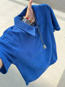 OUMULONG | Klein Blue Dragon Scale Short Sleeve T-Shirt Cooling Breathable Deconstructed Collared