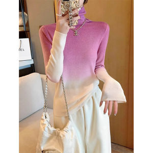 Elegant Gradient Color High Collar Soft Cashmere Knitted Sweater Womens Autumn Winter Slim Fit Base Layer Fashionable Top