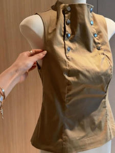 DANTING | Sleeveless Collar Cardigan Female Slim Fit Khaki