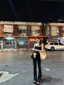 Tomato Hero Ballet Style Lace Trim Slim Fit Flared Pants Womens Casual Long Trousers Nylon And Spandex Spring Season