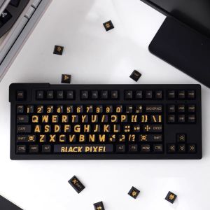 【Keycap Only】Black gold keyboard Keycap Big Letters  Pink Purple Black Pixel Key cap 129 Keys Cherry Profile PBT Five-Sided Sublimation For Cherry MX Switch DIY Customized mechanical keyboard RK IKB