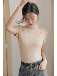 Bulky Turtleneck in Apricot Bottoming Shirt Womens Silm Slim Looking Thread Inner Tight Short-Sleeved T-shirt Summer Chest Cut Out Tops