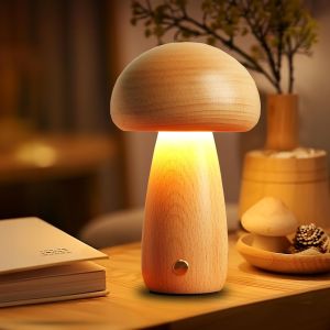 Wooden Creative Mushroom Night Light Stepless Dimming Bedside Table Lamp 3 Color Rechargeable Sleeping Nightlights For Room