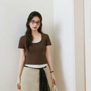 Slim Fit Short Sleeve T-Shirt Womens Color Block Dopaamine Top Casual Style Spring Summer New Arrival Cotton Knitted Tee