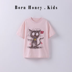 Girls Short Sleeve T-Shirt Casual Thin Summer New Style Childrens Clothing Born Honey Brand round Neck Cartoon Print Top